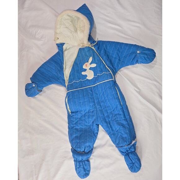 Vintage Quilted Bunting 24M Snowsuit Removable Booties Mittens Zipper Repair - Picture 1 of 16